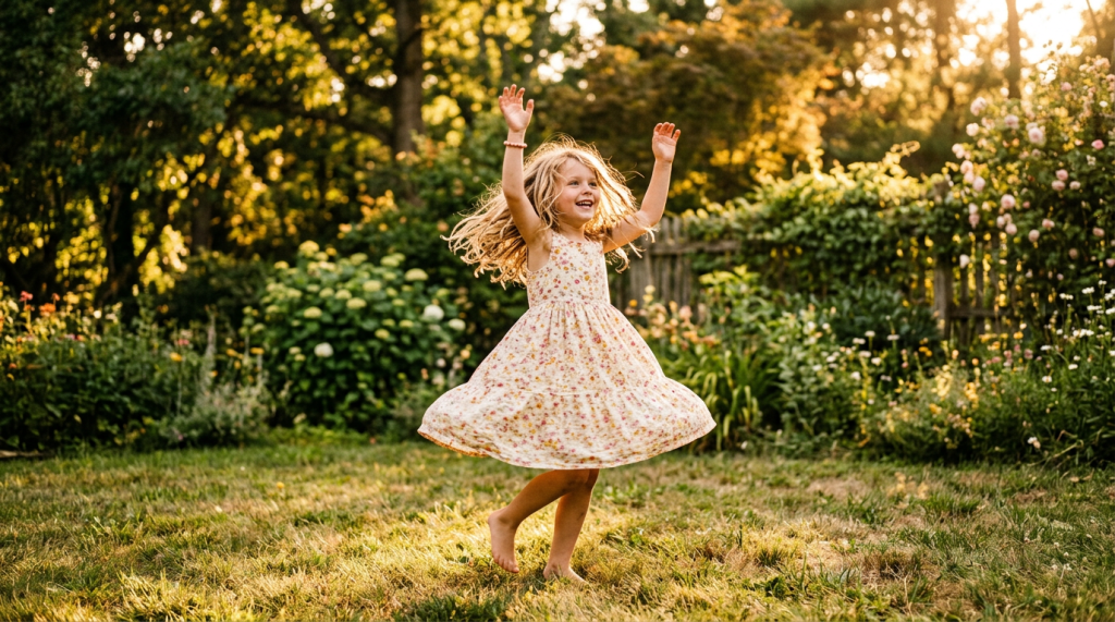 Girl spinning barefoot in a flower-filled garden with arms raised
