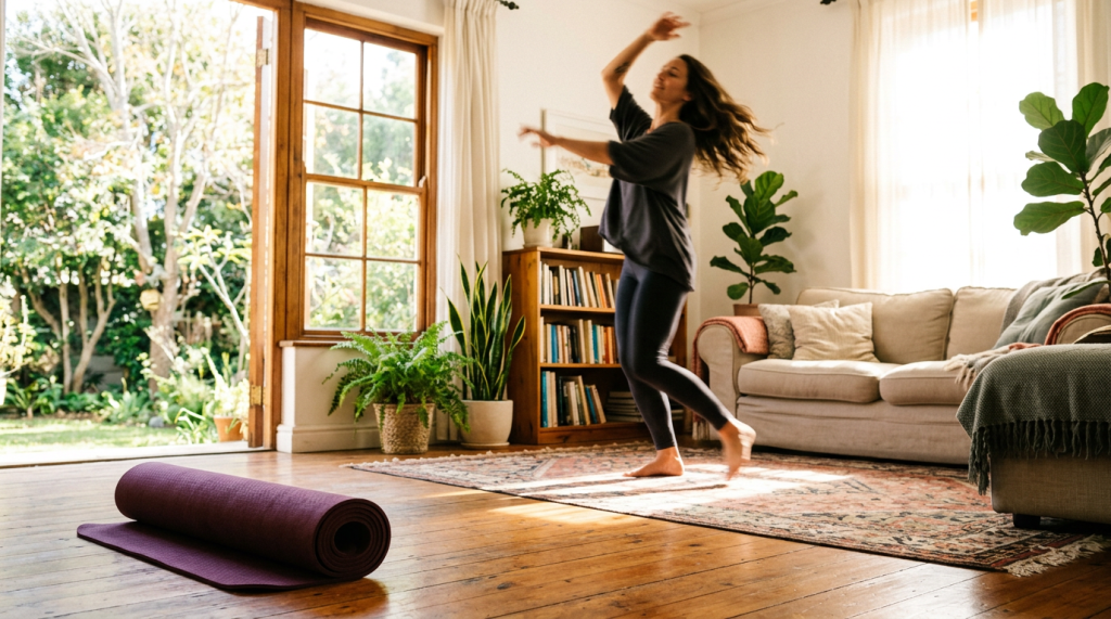 A woman dancing barefoot in a sunlit living room with plants and a yoga mat