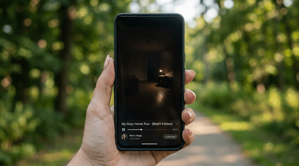 Phone displaying two images of a winding park path, one at night with streetlights and one during daytime with sunlight